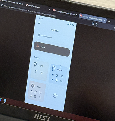 The main testing in this activity was focused on the new design I came up with for the ProtoPie prototype. Creating more of a high fidelity design and testing the alerts feature that has been added. In this new design there is an energy usage page, alerts page that can be accessed from the main kitchen page. There are also multiple pages to the prototype that displays the sensor data. It was pretty frustrating to see for some reason whenever I made a new design it would cut off part of the data.      