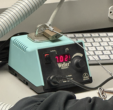 Soldering station. Showing the temperature on the digital display and the temperature you should be soldering at.      